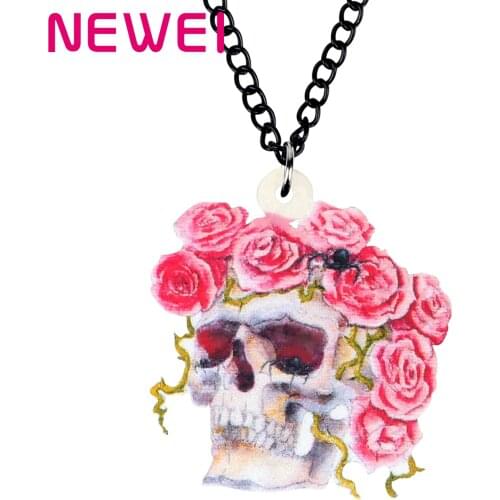 Newei Acrylic Halloween Skull Flower Rose Necklace Pendant Long Chain Choker Jewelry For Women Lover Girls Birthday Gift Charms
