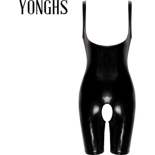 Womens Lingerie Sexy Crotchless Bodysuit Wet Look Patent Leather Deep U Neck Open Butt Slim Fit Short Leotard Jumpsuit Bodysuit