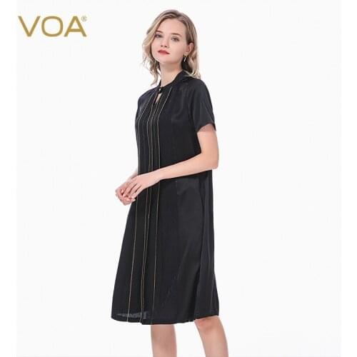 VOA 22m/m Silk Jacquard Black Drop Collar Stretch Satin Panel Yujin Arch Pin Short Sleeve Loose Expansion Dresses Women AE123