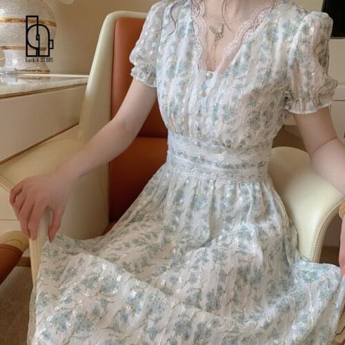 New Fashion Summer Chiffon Dress High Quality Bright Silk Sexy Short Sleeve Vintage Patchwork Lace Midi Dress Vestidos 2021