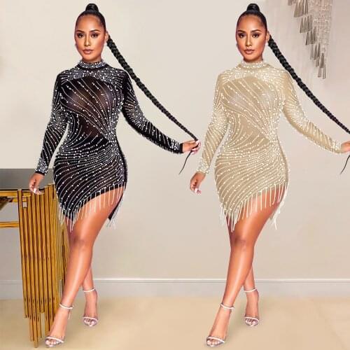 Party Dress Women Vestido Drill Bubble Bead Tassel New Sexy Nightclub Screen Perspective Round Neck Long Sleeve Clothes Vintage