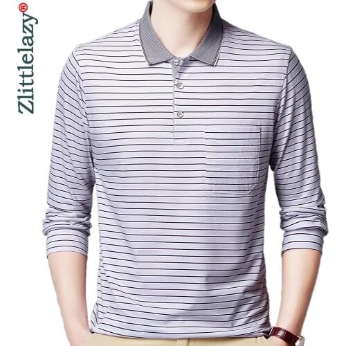 2021 Pocket Long Sleeve Polo Tee Shirt Men Casual Striped Mens Clothing Polos Shirts Mens Fashion Slim Fit Poloshirt Tops 4596