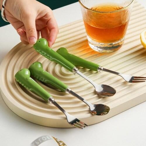 304 Stainless Steel Creative Cute Dinosaur Shape Ceramic Handle Household Dessert Coffee Stirring Spoon Fruit Fork