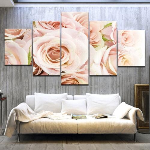 5 Panel Pink Rose Canvas Painting Flowers Wall Art Poster Canvas Print Picture for Living Room Wall Decoration Home Decor