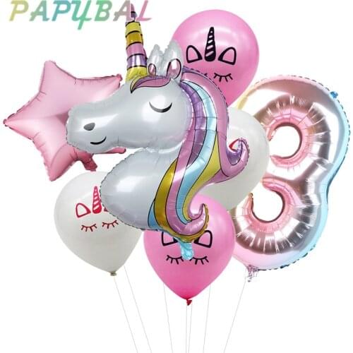 7Pcs/lot Rainbow Unicorn Party Balloons Unicorn Birthday Decoration Number Balloon Kids Birthday Party Baby Shower Decor Globos
