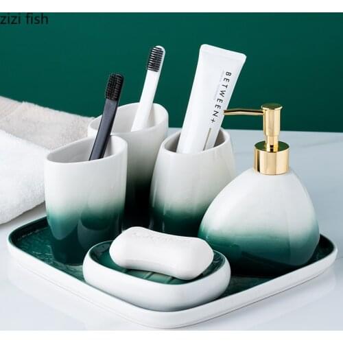 Gradient Painted Portable Soap Dispenser Toothbrush Holder Soap Dish Bathroom Accessories Set Storage Tray Ceramic Bath Supplies
