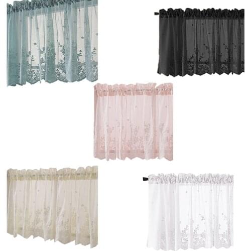 H051 Elegant Kitchen Coffee Lace Hem Short Curtain Flower Print Mesh Modern Jacquard