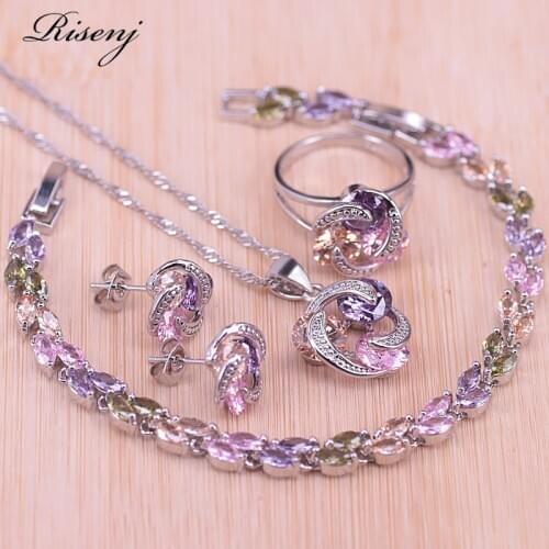 Risenj Big Discount Colorful Lucky Circle Silver Color Jewelry Set For Women Earrings Ring Necklace Set With Pendant In Store