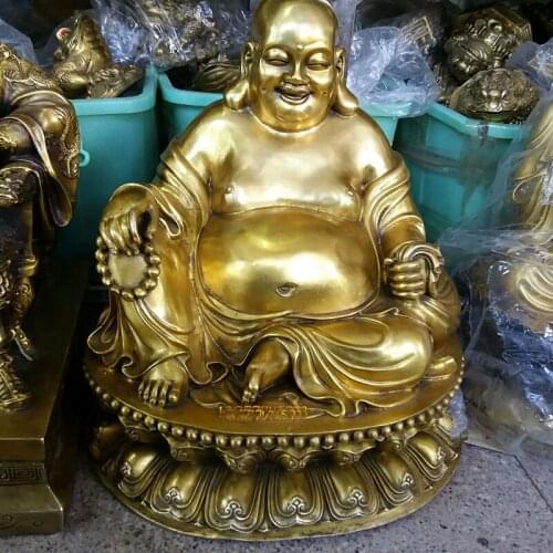 2021 HOME SHOP COMPANY HALL THRIVING BUSINESS MONEY DRAWING GOOD LUCK GOLD MAITREYA SMILING BUDDHA BRASS FENG SHUI STATUE