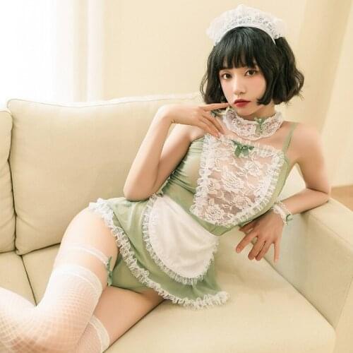 Fashion Green Sexy See-through Lace Suspender Skirt Gentle Maid Cosplay Costume Uniform Set Temptation Womens Erotic Lingerie