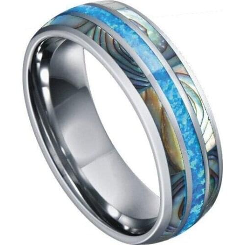 8mm Blue Fashion Men Rings Abalone Shell Stainless Steel Rings Wedding Bands Christmas Party Gift For Men Jewelry