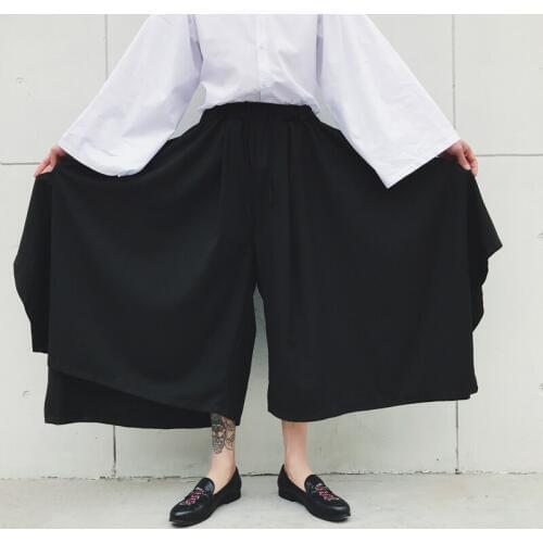 Black Mens Simple Extra Loose Ankle-Length Pants Wide Leg Elastic Waist Trousers Casual A45