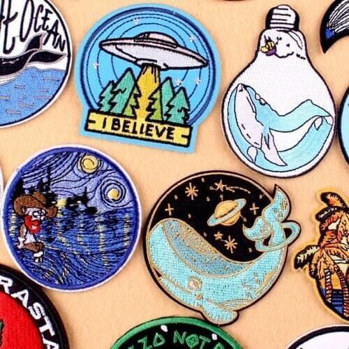 Van Gogh/Whale Embroidered Patches For Clothing Adventure Mountain Patches Stripe For Clothes Space Diy Patch For T-shirt Jacket