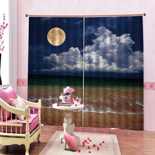 Luxury Blackout 3D Window Curtain For Living Room blue curtains sky moon beach curtains