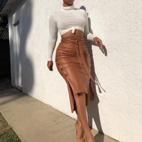 Sexy Women Autumn Winter Faux Leather Bandage Button Bodycon Split Midi Skirt