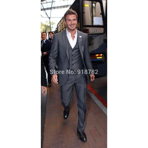 Gray David Beckham suit custom made Tuxedos Groomsman Bridegroom Wedding best man suits ( jacket+Pants+vest+tie)