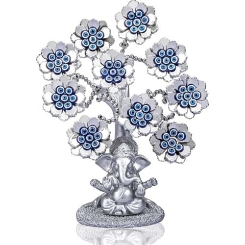 H&D Turkish Nazar Blue Evil Eye Tree with Hindu Ganesha God Design Protection Blessing Gift Lucky Showpiece Home Office Decor