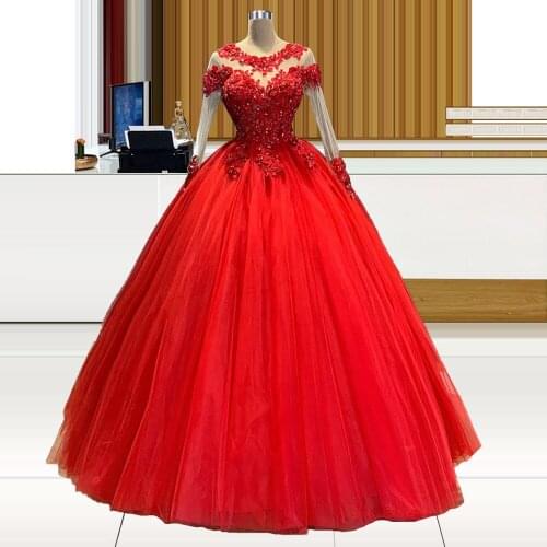 Rhinestones Beaded Ball Gown Red Quinceanera Dresses Illusion Long Sleeves vestidos de quinceañera vestidos de 15 año