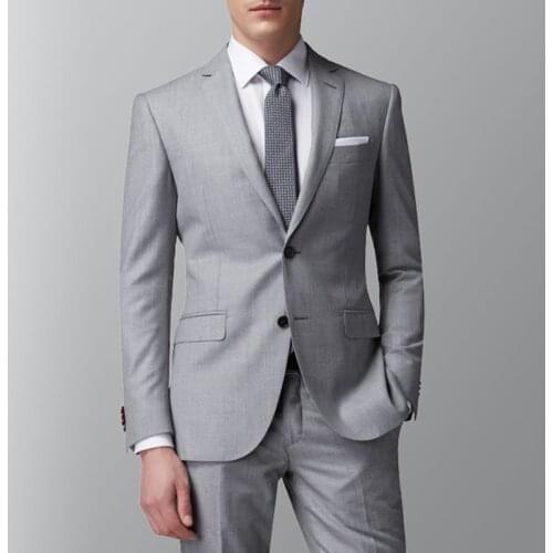 Light Grey Business Men Suits Slim Fit 2 Piece Male Formal Dress Jacket Pants Wedding Tuxedo For Groom Dinner Party Costume