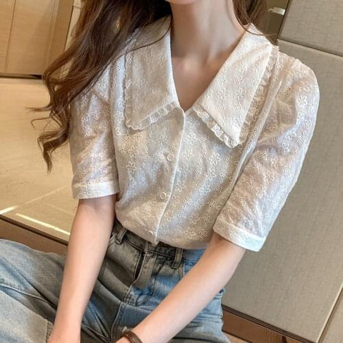 Chic Hollow Out Embroidery Blouse Women Ruffled Turn-down Collar Half Sleeve Blouses Elegant Office Lady Spring Summer Shirt