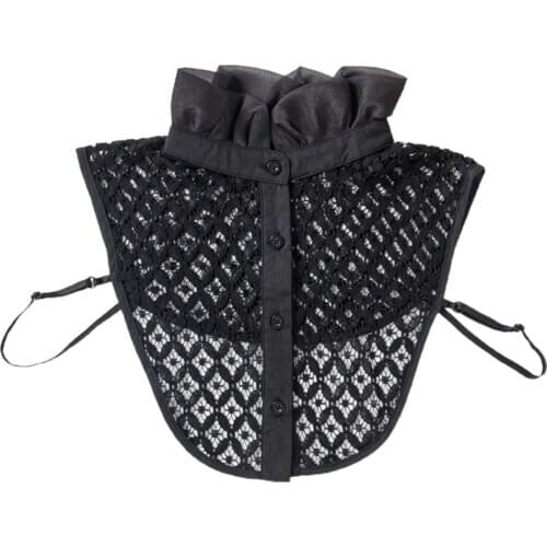 Ladies Sweet Pleated Ruffled Chiffon Fake Collar Hollow Out Floral Lace Button Down Detachable Half Shirt Blouse Adjusta