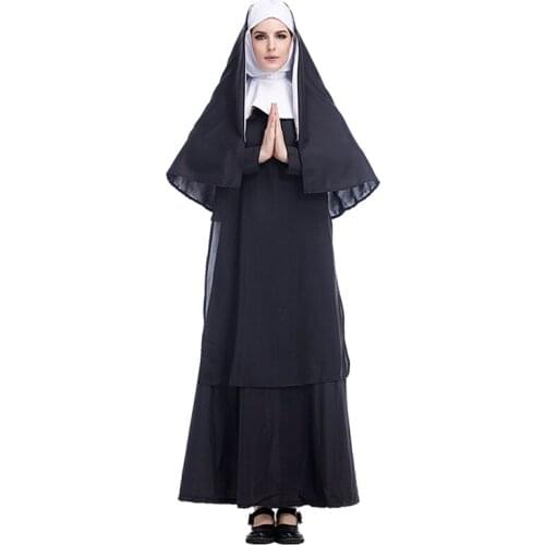 Virgin Mary Nuns Costumes for Women Sexy Long Black The Conjuring Evil Nuns Costume Arabic Religion Monk Ghost Uniform Halloween