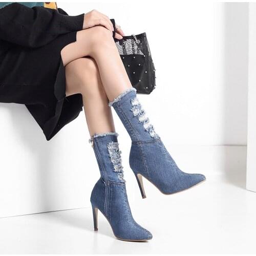 Middle Tube Cowboy Boots Women thin High Heel Shoes Denim Zipper Solid Color Pointed Toe Shoes Feminina zapatos de mujer