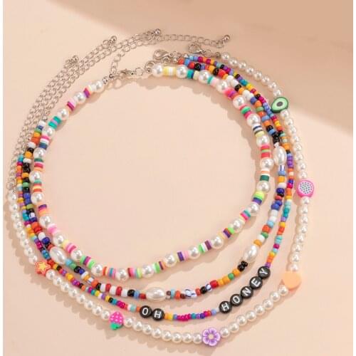 Y2K Rainbow Beads Short Choker Necklace for Women Boho Pearl/Heart/Letter/Flower Necklace Set 2021 Girl Fashion Jewelry for Neck