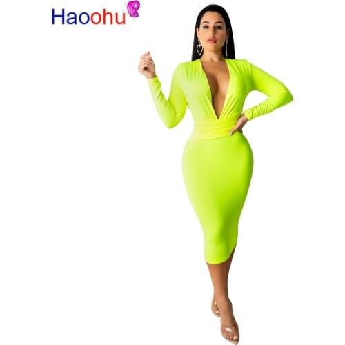 2019 women summer long sleeve deep v-neck bodycon mid-calf solid dress club night party vestido dresses 3 color