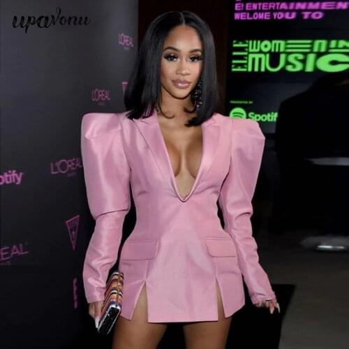 Free Shipping Fashion Women Solid Color Suit Mini Dresses 2021 Autumn Latest Sexy Deep V-neck Puffy Sleeves Split A-line Dress