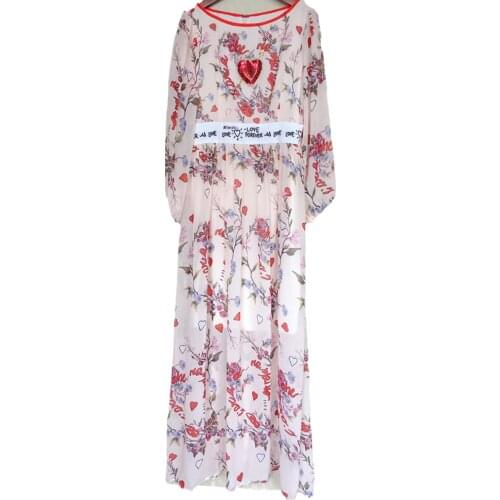 2021 spring and summer silk high-quality long-sleeved flower elegant long dress seaside holiday party beach and ankle long dres