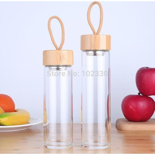 10pcs 380ml 450ml Borosilicate Glass Water Bottles Tea Strainer Bamboo Lid Tumbler For Juice Portable Outdoor Drinkware