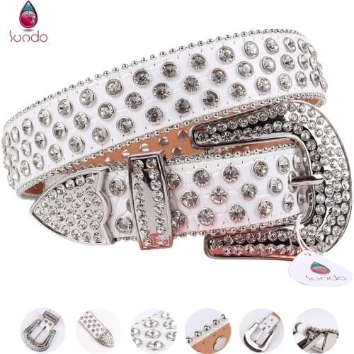 White Goth Jeans Studded Belt Western Cowboy Crystal Belts For Women Vintage Leather Strap Men Rhinestone Cowgirl Belt Buckle