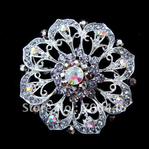 Silver Plated Large Grey Rhinestone Crystal Rould Flower Brooch for Wedding Invitation
