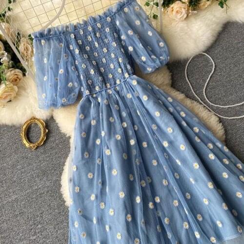 Womens Slim Sexy Gauze Dresses Sequined Daisy Print One Shoulder High Waist Mid-length Mesh Skirt Pleated Dress 2021 Summer