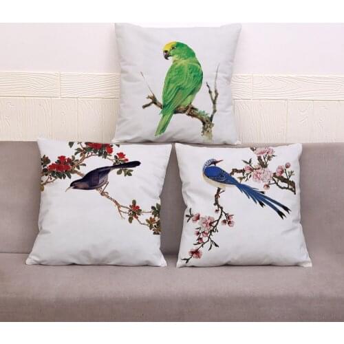 Chinese Ink Painting Bird Cushion Cover for Sofa Home Decor Animal Throw Pillowcase Print Plant Floral Pillow Case Plush 45*45cm