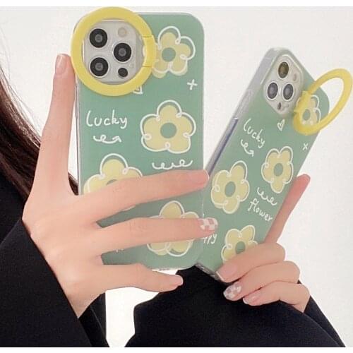 Retro Bracket frame sweet yellow flowers Japanese Phone Case For iPhone 12 11 Pro Max Xs Max XR X 7 8 Plus 7Plus case Cute Cover