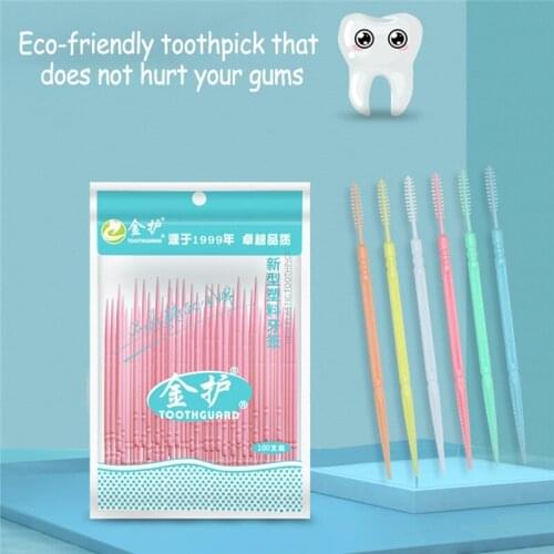 100pcs Double-headed Dental Brush Teeth Sticks Floss Pick Toothpick Tooth Clean Oral Care Interdental brush Food grade PP