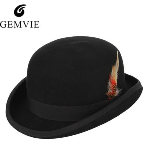 GEMVIE 4 Sizes 100% Wool Felt Black Derby Bowler Hat For Men Women Feather Satin Lining Casual Formal Fedora