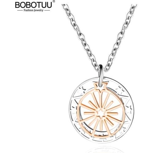 BOBOTUU Design Compass Coin Star Ferris Wheel Stainless Steel Pendant Necklace Bohemia Chokers Necklace For Women BN17079