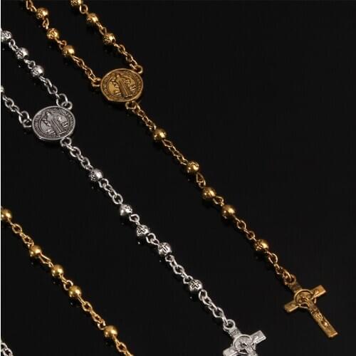 Catholic rosary 4mm stainless steel rosary necklace, Christ Jesus cross rosary long chain