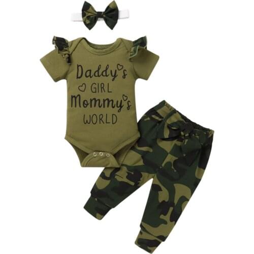 2021 Summer Baby Girl Set Letter Print O-Neck Short Sleeve Romper+Camouflage Print Pants+Headband 3pcs