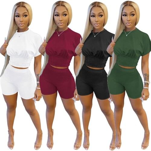 Echoine Summer Short Sleeve Slim Crop Top Tshirt and Shorts Tracksuit Sporty Jogger Suit Two Pieces Set New Active Outfits 2021