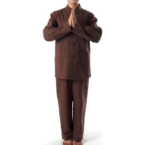 Unisex cotton&linen Buddhist Monk suits kung fu uniforms Buddhism zen martial arts clothing lay meditation clothescoffee