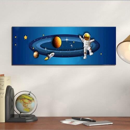 Cartoon Astronaut Rocket Night Star Canvas Painting Anime Kids Childrens Bedroom Decor Picture Wall Art Bedroom Decor Pictures