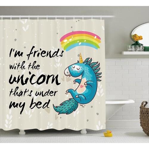 Cartoon Shower Curtain Unicorn Dreaming with Rainbow Magical Myst Epic Creature Pony Grace Artsy Cartoon Bathroom Curtains