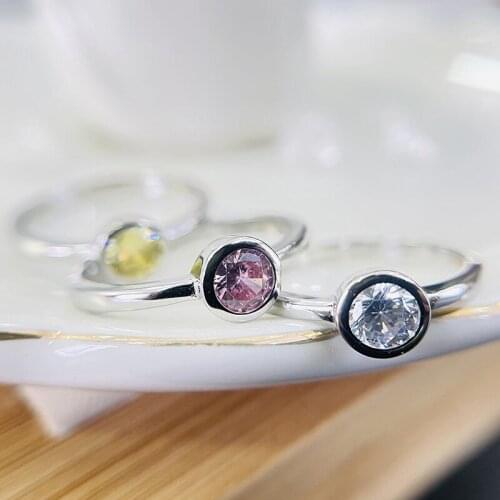 New silver inlaid crystal small ring, colored diamond, pink and golden three-color set, simple and small jewelry for women