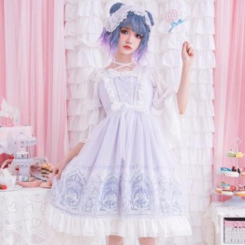 Original Sky Dream Jsk Vintage Kawaii Princess Dress Ruffle Women Lolita Dress Cosplay Costume Girl Lace Bow Lilac Sling Dress