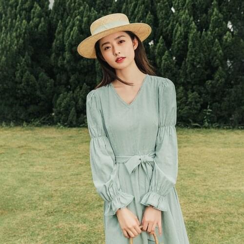 INMAN Autumn Womens Green Dress Elegant Ladies Style Jacquard Lace V-neck Long Sleeves Elastic Flare Cuffs Female One Piece
