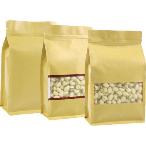 50pcs Thick Flat Bottom Zip Lock Kraft Paper Bag Window Side Gussets Ziplock Stand Up Kraft Package Bags with Tear Notch